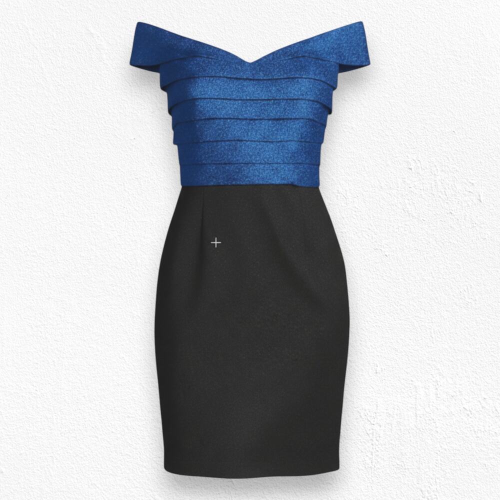 Rene Ruiz Collection Navy Blue Metallic Off Shoulder Ruffle Midi Dress Size 8